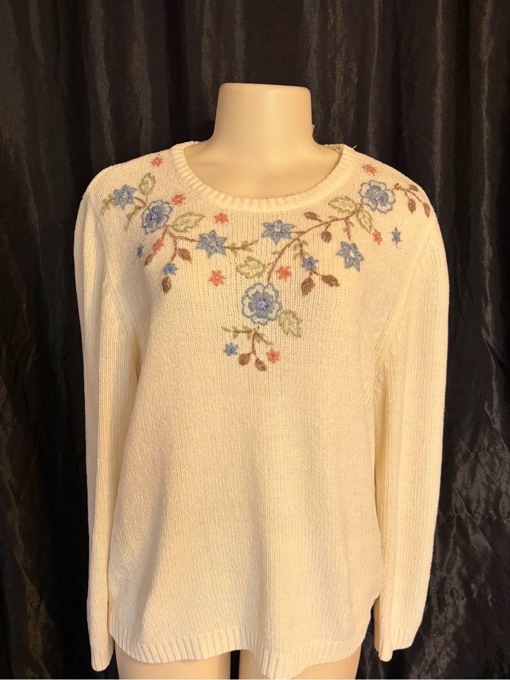 Alfred Dunner Cream Crewneck Sweater with Blue & Pink Floral Embroidery